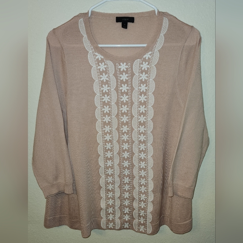 J Crew Sweater Womens Large Blush Embroidered Merino Wool Side Flare Loose Fit